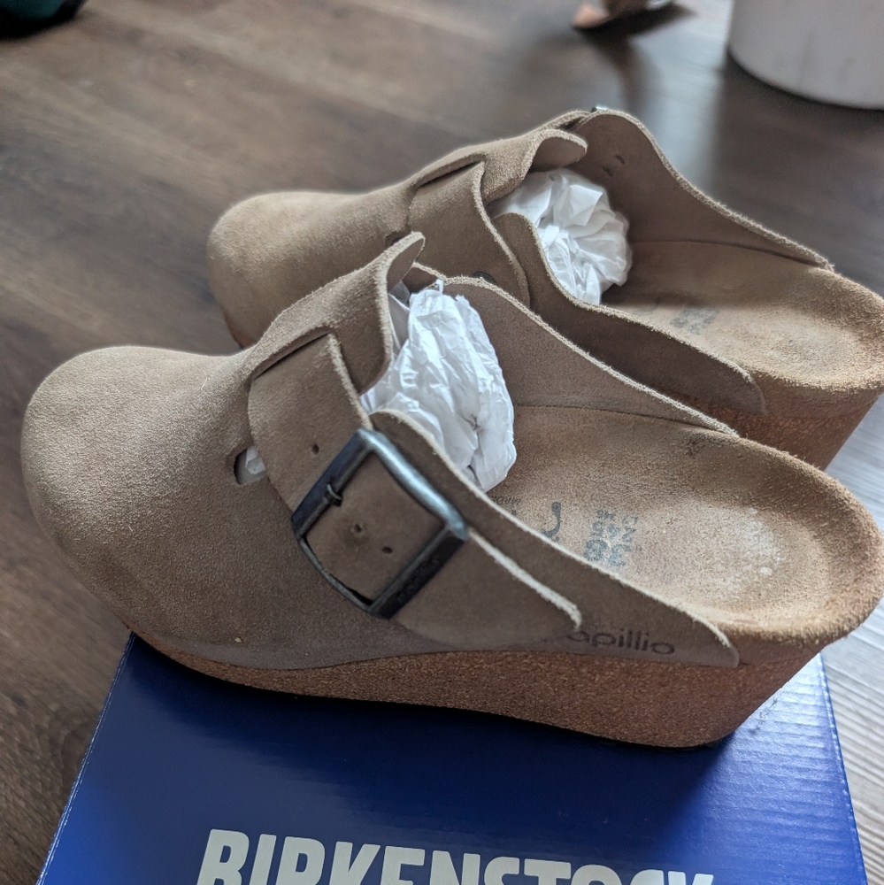 Birkenstock Papillio Fanny Suede Leather Wedge Clogs size 38